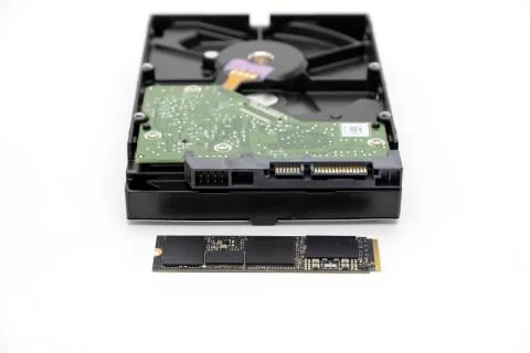 Solid state drive, new generation of storage drive with antique hard disk drive Stock Photos