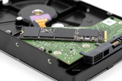 Solid state drive, new generation of storage drive on antique hard disk drive 스톡 사진