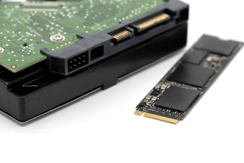 Solid state drive, new generation of storage drive with antique hard disk drive Stockfoto's