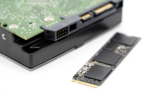 Solid state drive, new generation of storage drive with antique hard disk drive Stock Photos