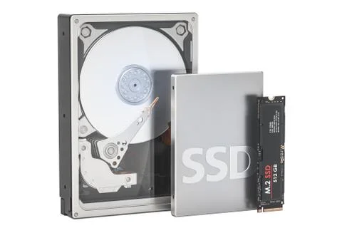 Solid state drive SSD, Hard Disk Drive HDD and M2 SSD, 3D rendering Stock Illustration