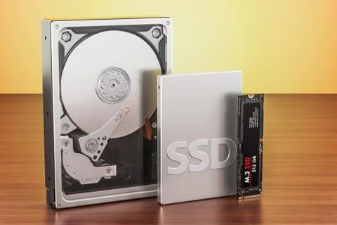 Solid state drive SSD, Hard Disk Drive HDD and M2 SSD on the wooden table, 3D Stockillustratie