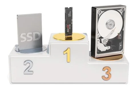 Solid state drive SSD, Hard Disk Drive HDD and M2 SSD ratings concept. 3D ren Stock Illustration
