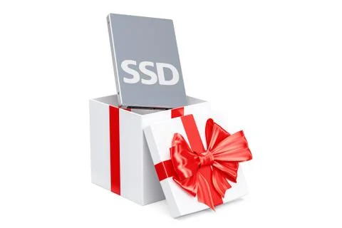 Solid state drive SSD inside gift box, gift concept. 3D rendering イラスト素材