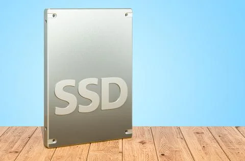 Solid state drive SSD on the wooden planks, 3D rendering Stock Illustration