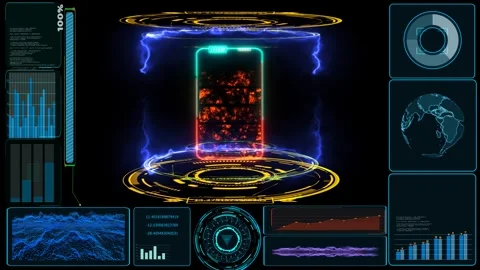 Solid state powerful battery in digital monitor laboratory and red blue ene.. Stock Footage 245438317