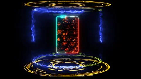 Solid state powerful battery in digital laboratory border  loop energy and .. 写真素材