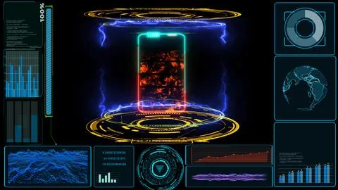 Solid state powerful battery in digital monitor laboratory and loop energy .. Stock Photos