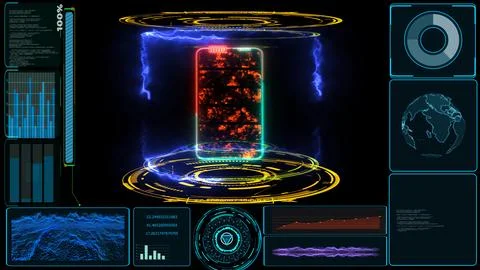 Solid state powerful battery in digital monitor laboratory and loop energy .. Stock Photos