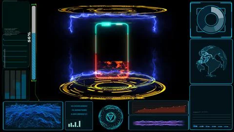 Solid state powerful battery in digital monitor laboratory and loop energy .. Stock Photos