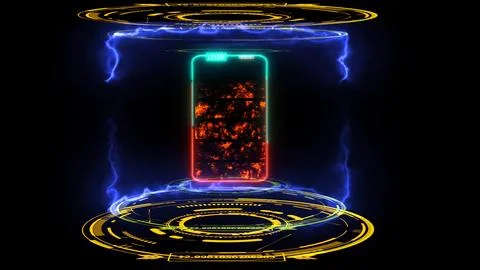 Solid state powerful battery in digital laboratory border  loop energy and .. Stock Photos