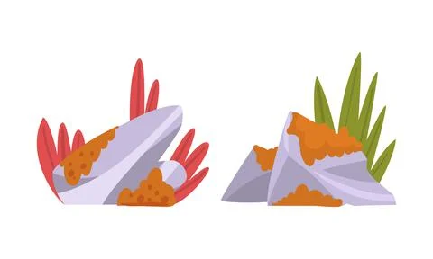 Solid Stone or Boulder Covered with Moss Vector Set Ilustração Stock