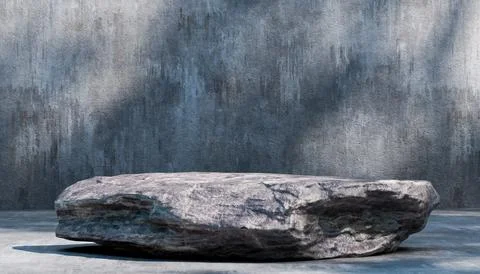 Solid stone rock podium display stand blueish concrete wall background prod.. Stock Illustration