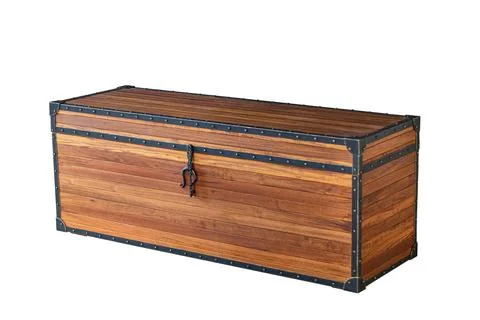 Solid teak chest. Wooden storage chest with metal frame Stock Photos