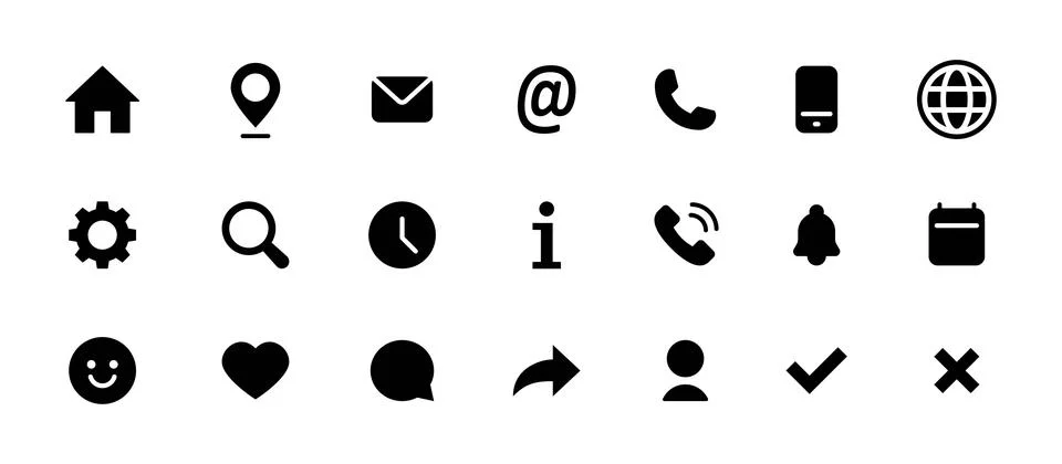 Solid UI icon set. Home, phone, mail, user, chat, settings and other black .. Stock Illustration