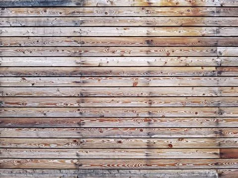 A solid wall of aged brown wooden planks with hammered nails located horizont Stock Illustration