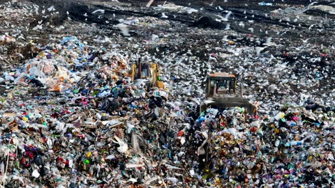 Solid waste disposal on landfill. Landfill with solid household waste. 스톡 동영상 218509625