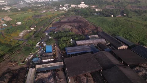 Solid waste management, composting facility with solar plant, Aerial Stock Footage 318728545