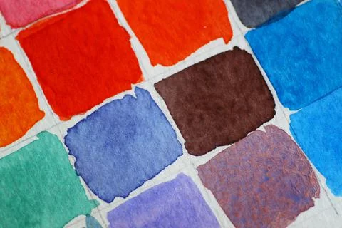 Solid watercolor tiles in cold and warm colors. Color mixing study 스톡 사진
