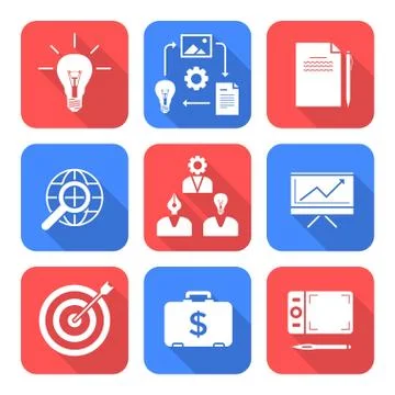 Solid white color flat style creative business process icons set. Stock Illustration