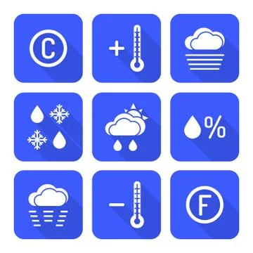 Solid white color flat style weather forecast icons set. Stock Illustration