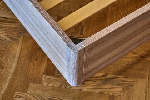 Solid wood bed in modern scandinavian style close-up Foto stock