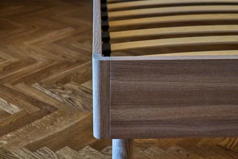 Solid wood bed in modern scandinavian style close-up Foto stock