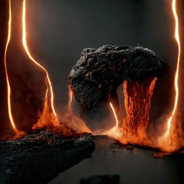 Solidified Lava Piece Melting Away with Smoke and Red Glowing Flames Stock Illustration