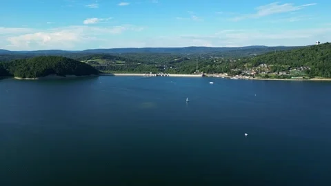 The Solina dam and the cable car with wagons in the background Stock Footage 281076024