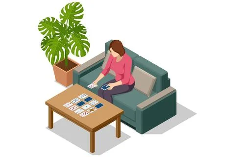 Solitaire card game. Isometric solitaire card game with woman at table. Home Stock Illustration