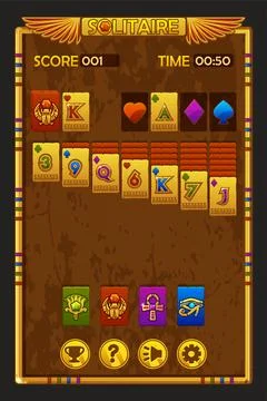 Solitaire game UI in Egyptian style. Background and buttons for game assets.  Stock Illustration