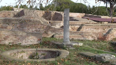 Solitary Column and Circular Pit in Overgrown Ostia Antica Remains Stock Footage 345968975