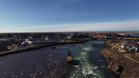 Solitary Pine Tree on Islet in Icelandic Glacial River Rapids - Aerial Drone 4K Stock Footage 331255142