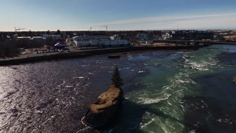 Solitary Pine Tree on Islet in Icelandic Glacial River Rapids - Aerial Drone 4K Stock Footage 331255144
