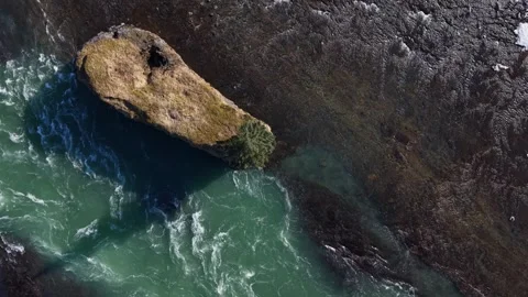 Solitary Pine Tree on Islet in Icelandic Glacial River Rapids - Aerial Drone 4K Stock Footage 331255160