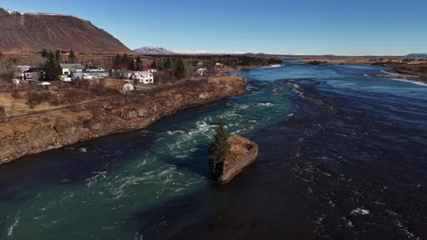 Solitary Pine Tree on Islet in Icelandic Glacial River Rapids - Aerial Drone 4K Stock Footage 331255162