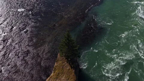 Solitary Pine Tree on Islet in Icelandic Glacial River Rapids - Aerial Drone 4K Stock Footage 331255182