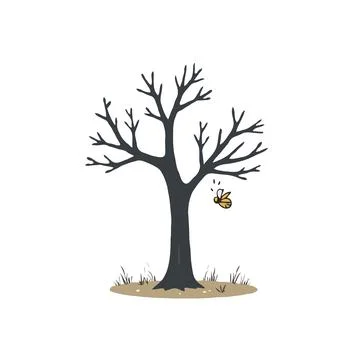 Solitary tree with bare branches against a stark white backdrop and a singl.. Stock Illustration