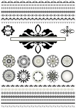 Сollection of borders and round ornaments Stock Illustration