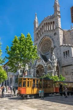 Soller, Spain - May 4, 2017: Historic Tram of the Soller Tramway line driving in Фото