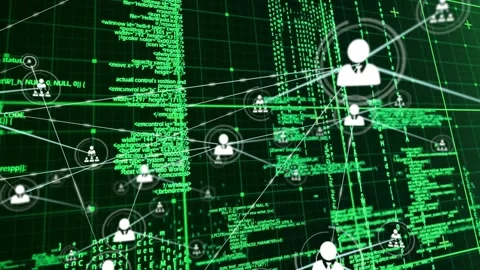 Solo avatar appearing on green code grid initiating security map, icons linking Stock Footage 331634188