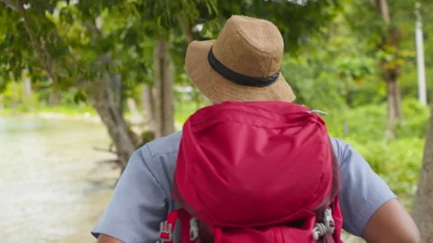 Solo backpacker wearing a red backpack walking along a tree-lined path Stock Footage 344700211