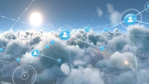 Solo blue node appearing with sun flare node icons rising and linking forming Stock Footage 330143948