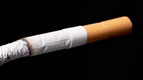 Solo cigarette burning down on black backdrop, timelapse shot, smoking concept Stock Footage 147075326