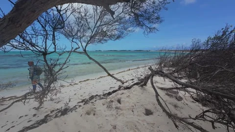 Solo Explorer Walking on Secluded White Sand Shore in Remote Paradise Vídeo Stock 347172828