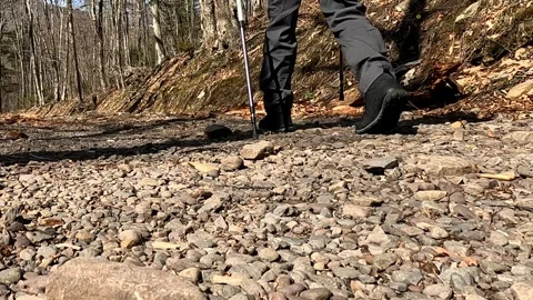 Solo Hiking Adventure: Man with Backpack and Poles Trekking Away on Trail 4K Stock Footage 333475741