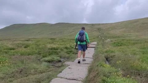 Solo make hiker walks towards Whernside summit, North Yorkshire UK Stock Footage 245716574