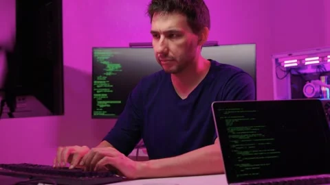 Solo software engineer working through technical issues late at night. Dedicated Stock Footage 347875152
