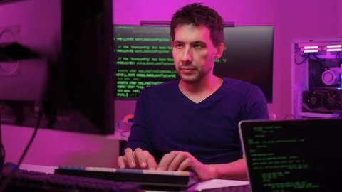 Solo software engineer working through technical issues late at night. Dedicated Stock Photos