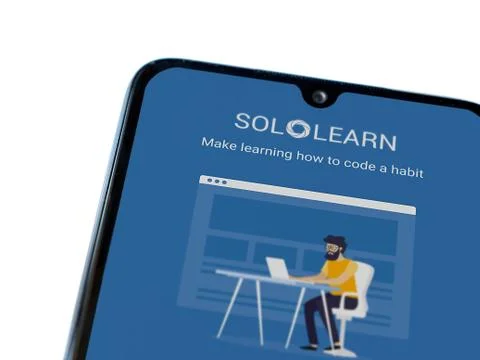 SoloLearn - Learning coding app launch screen with logo on the display of a b Stock Photos